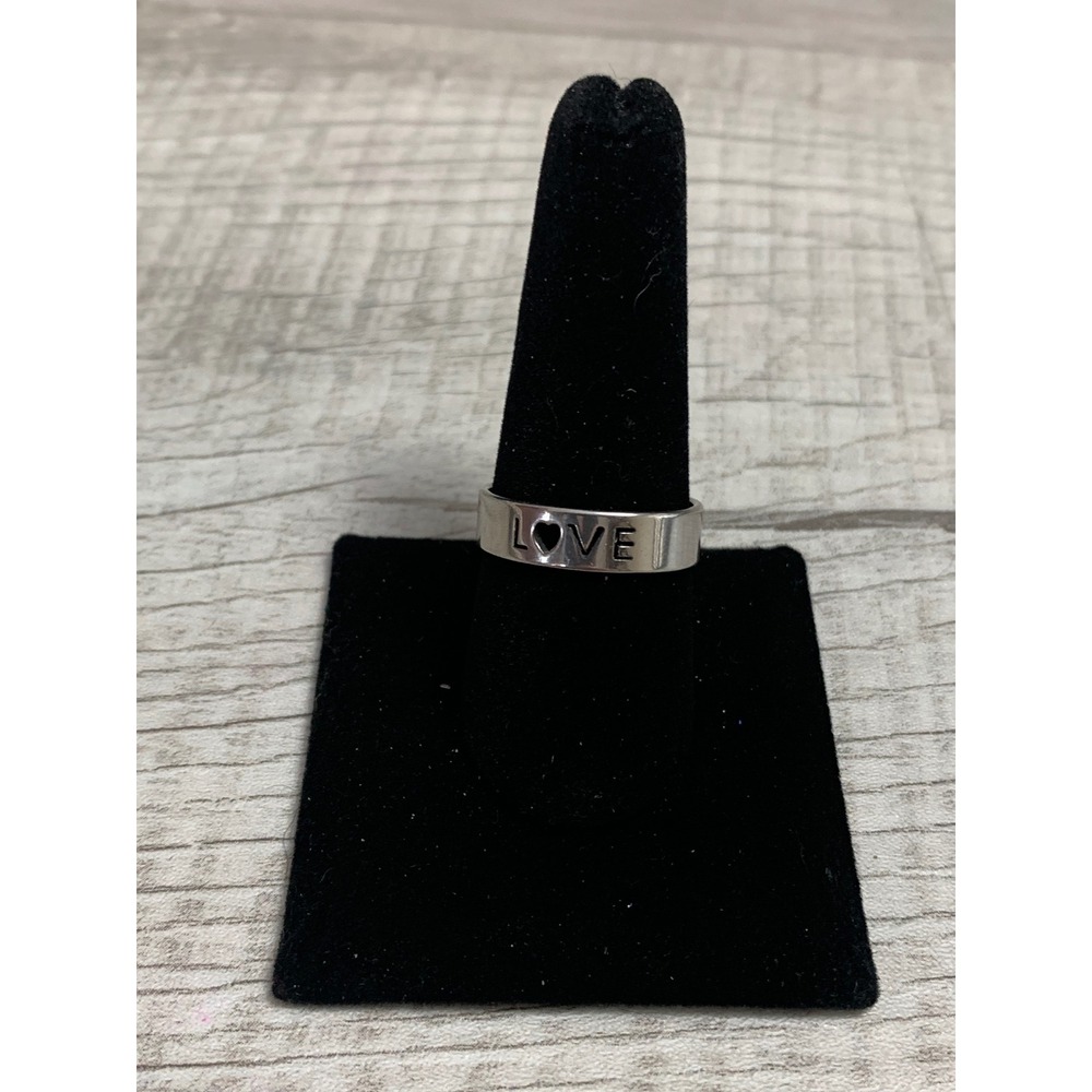 Silver Tone LOVE Heart Cutout Band Ring Size 10.25 Minimalist 6mm Flat Band